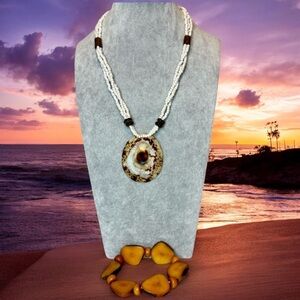 Shell Beaded Necklace 20”, Tagua Nut Stretch Bracelet
